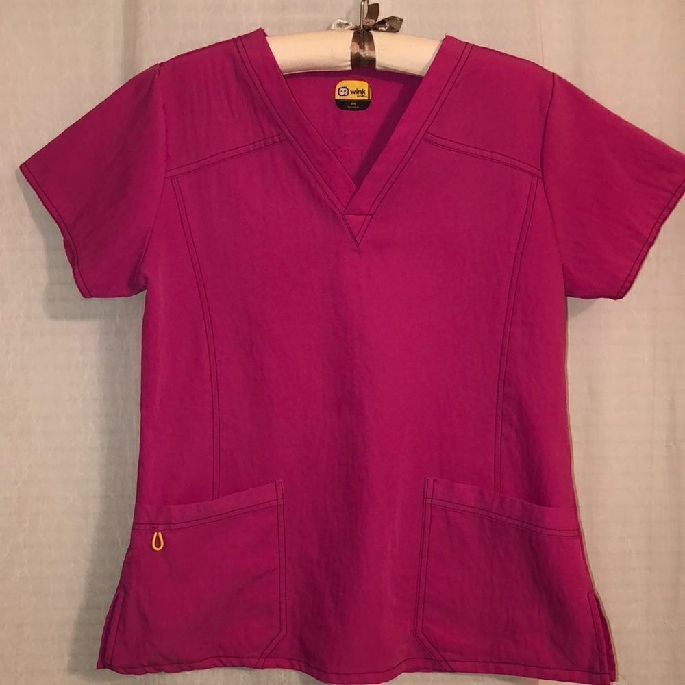 Wonder Wink M Fuchsia Pink Scrub Top with Yellow Logo